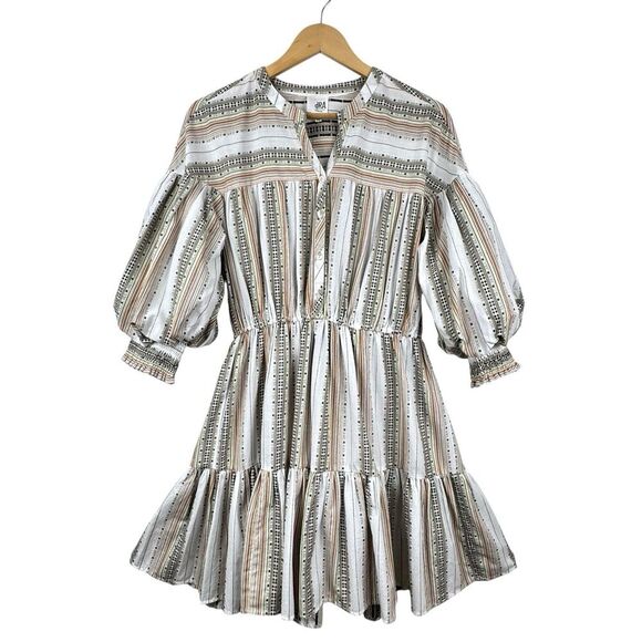 dRA Los Angeles Womens Dress Tan Stripe M Tiered Peasant Boho Prairie Western - Picture 1 of 16